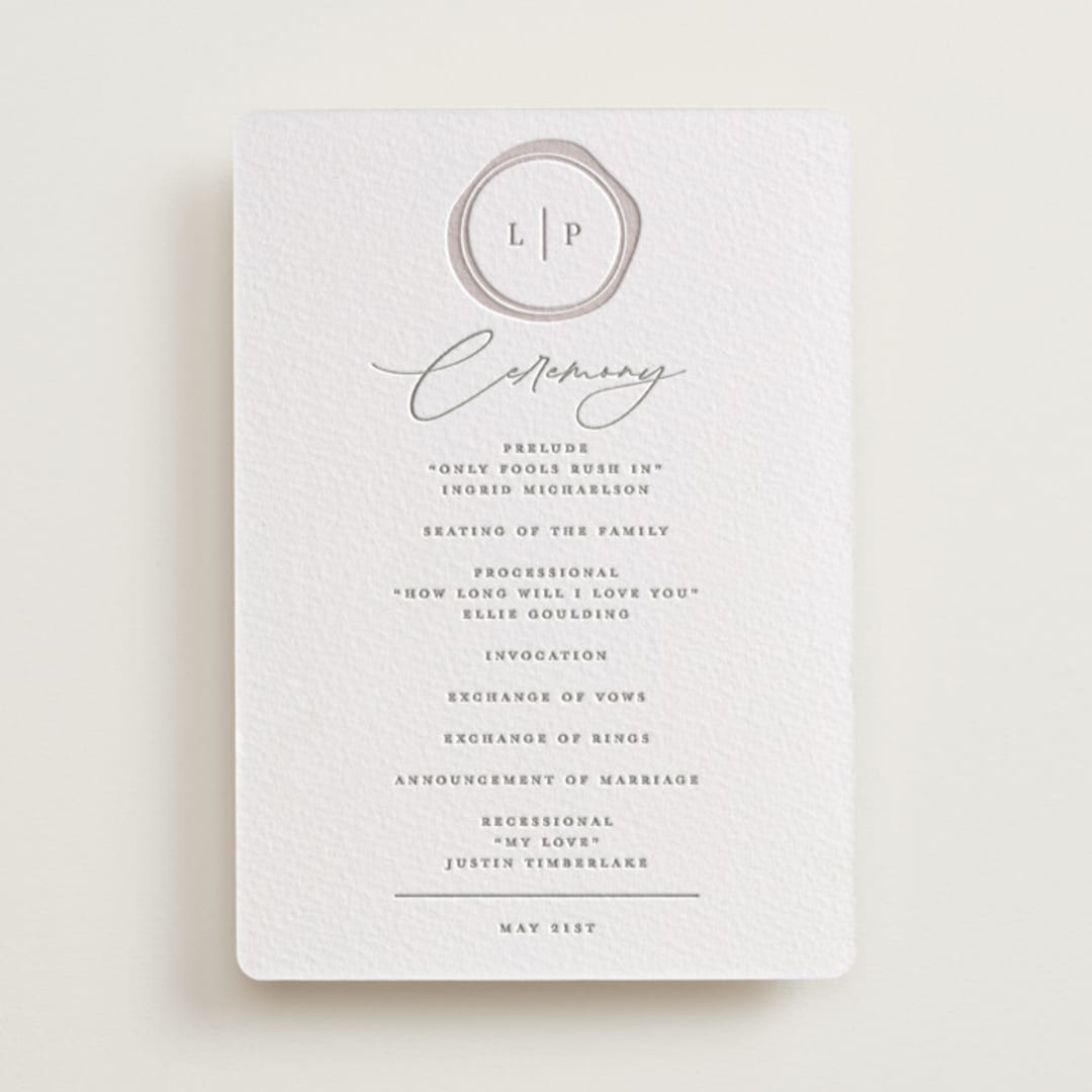 "Wax Seal Monogram" - Letterpress Wedding Programs in Ash by Carolyn MacLaren - Front