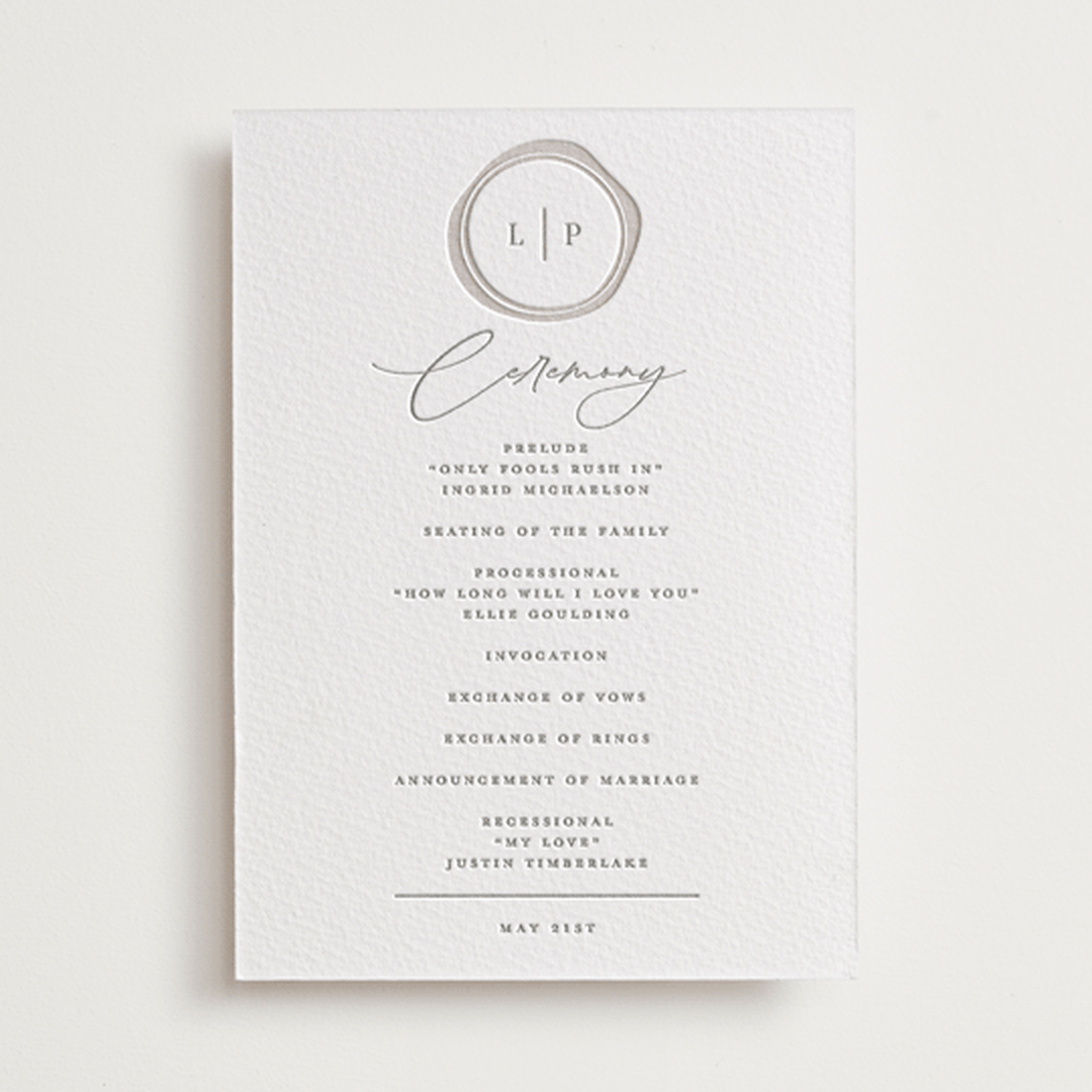 "Wax Seal Monogram" - Letterpress Wedding Programs in Ash by Carolyn MacLaren - Front