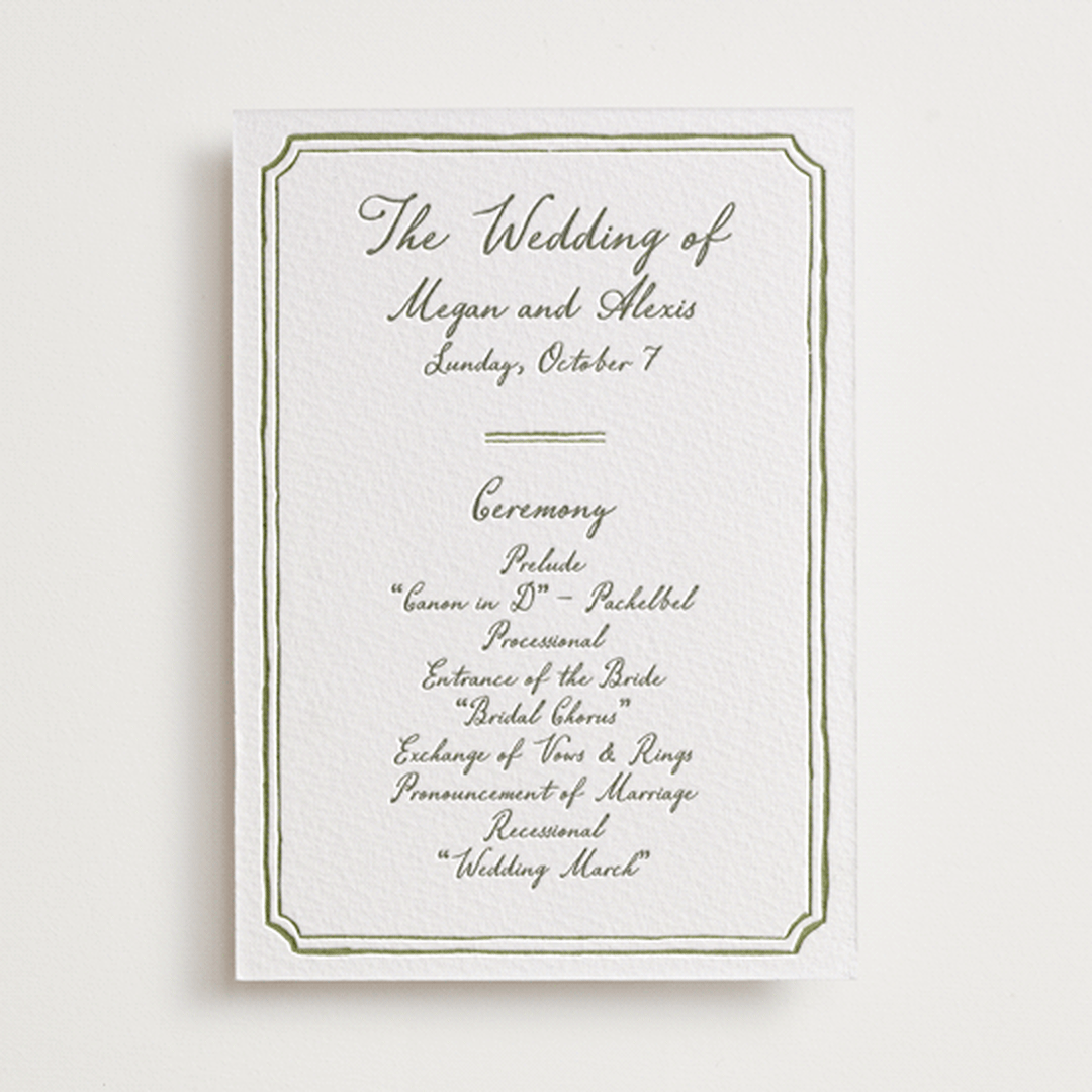 "Handwritten" - Letterpress Wedding Programs in Moss by Cass Loh - Front