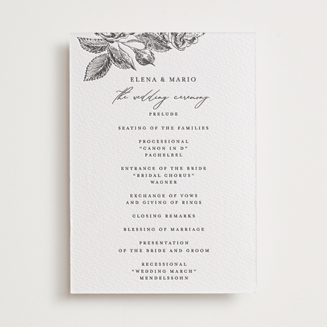 "Etchings of Roses" - Letterpress Wedding Programs in Soft Black by Chris Griffith - Front