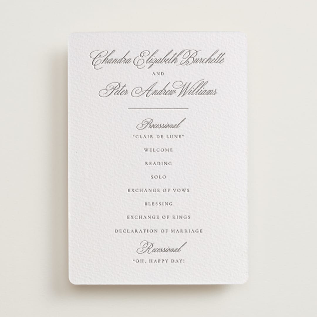 "Calligraphie" - Letterpress Wedding Programs in Graphite by Wildfield Paper Co - Front