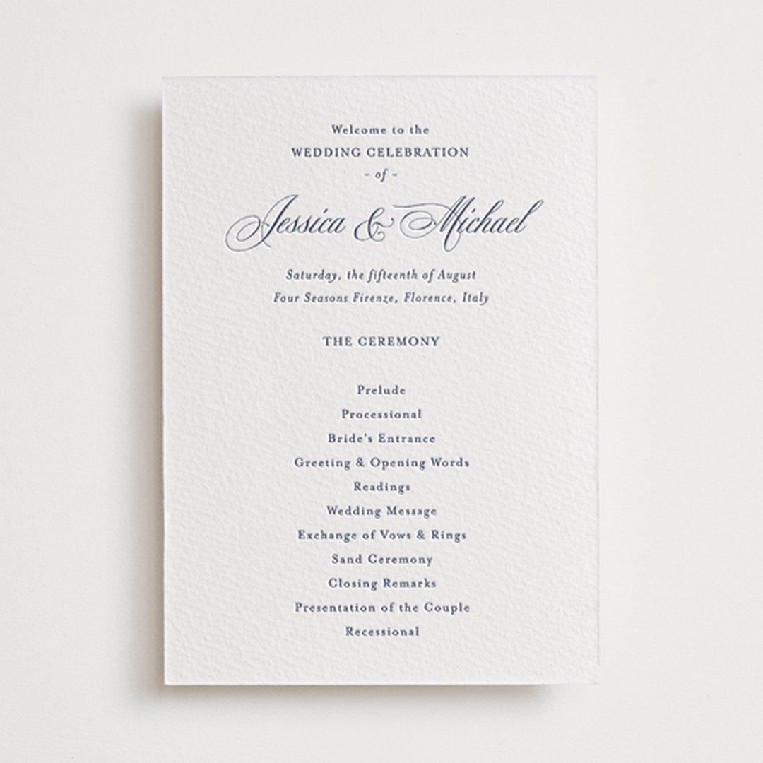"Empire" - Letterpress Wedding Programs in Aegean by Jennifer Postorino - Front