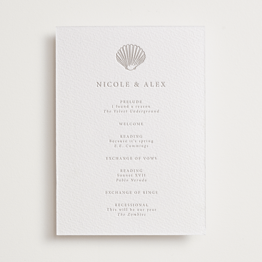 "Simple Seashell" - Letterpress Wedding Programs in Dove Grey by Hannah Bowman - Front