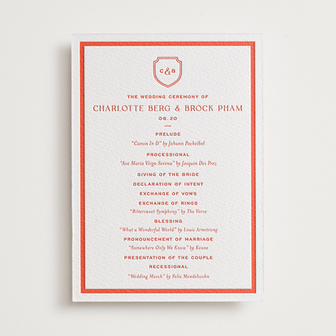 "Racquet" - Letterpress Wedding Programs in Verona Sunset by Megan Davis - Front