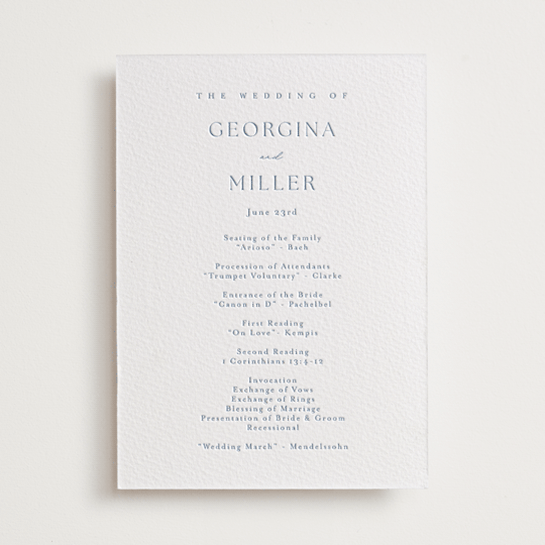 "Modern Air" - Letterpress Wedding Programs in Provincial Blue by Stacey Meacham - Front