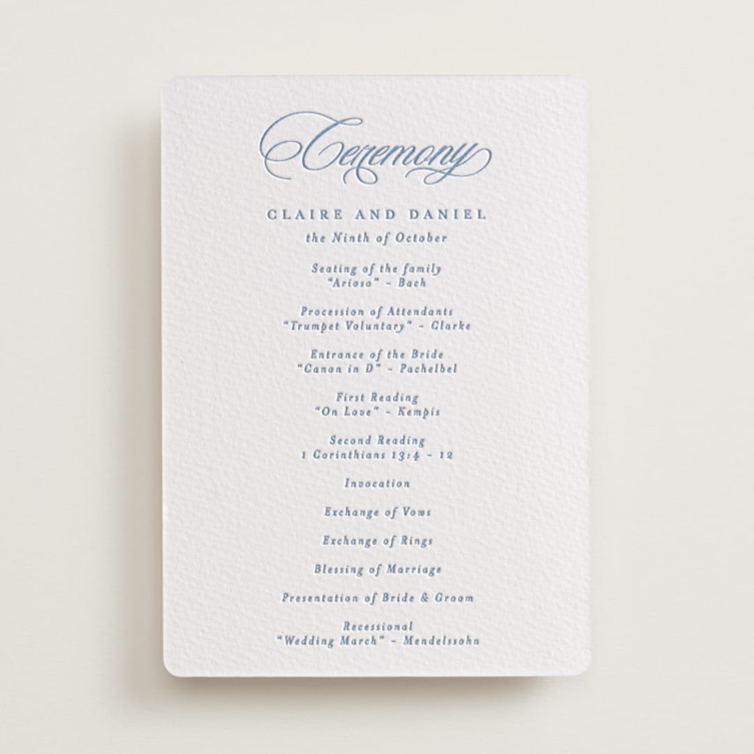 "Aristocratic" - Letterpress Wedding Programs in Provincial Blue by Creo Study - Front