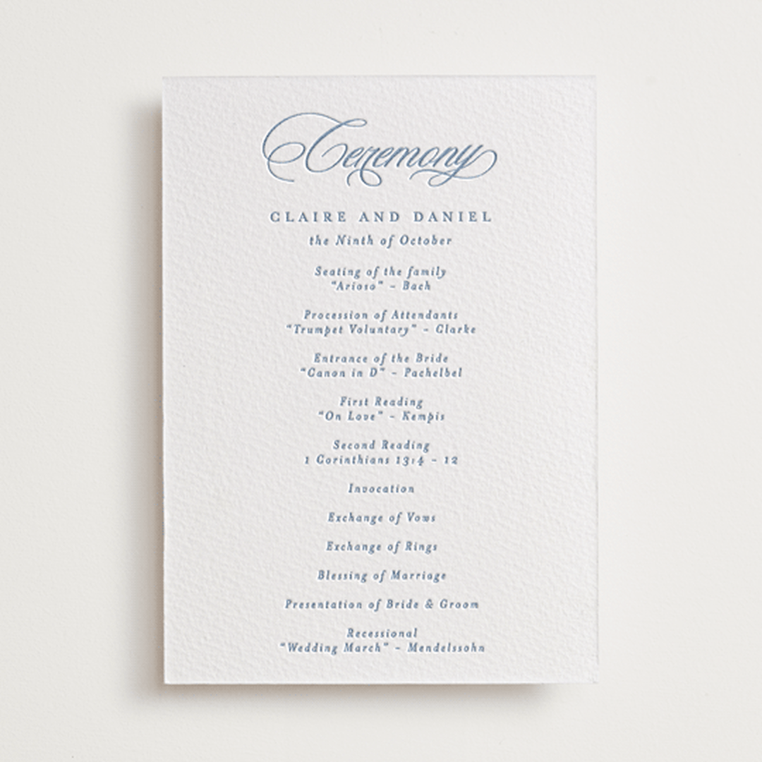 "Aristocratic" - Letterpress Wedding Programs in Provincial Blue by Creo Study - Front