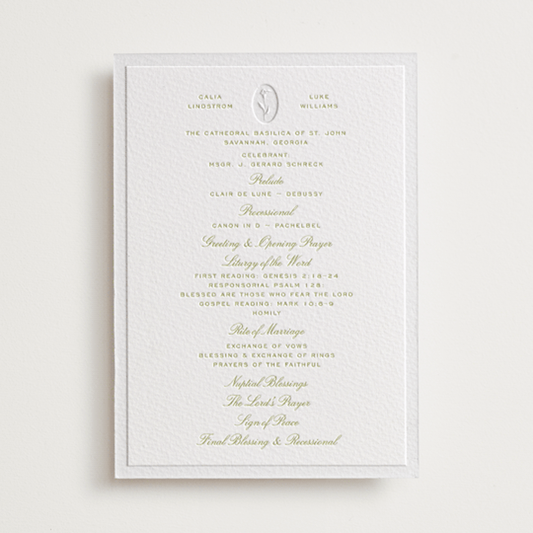 "Calia " - Letterpress Wedding Programs in Avocado by Ani Somi - Front