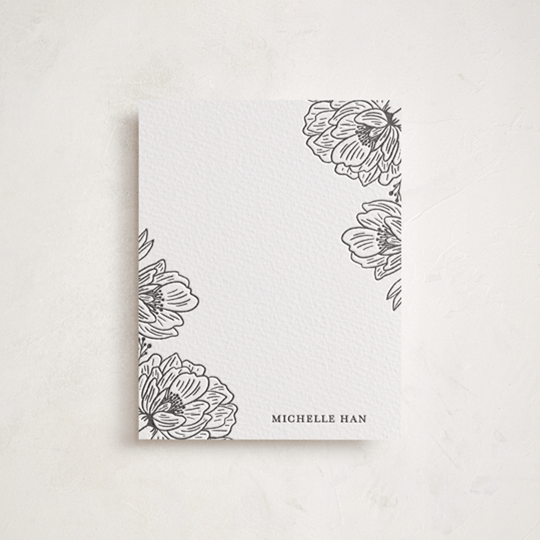 "Posh Peonies" - Personalized Stationery Cards in Soft Black by Nicole Barreto - Front