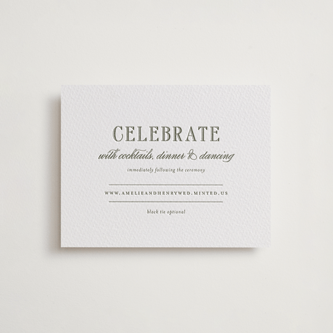 "Hepburn" - Letterpress Reception Cards in Moss by Megan Davis - Front