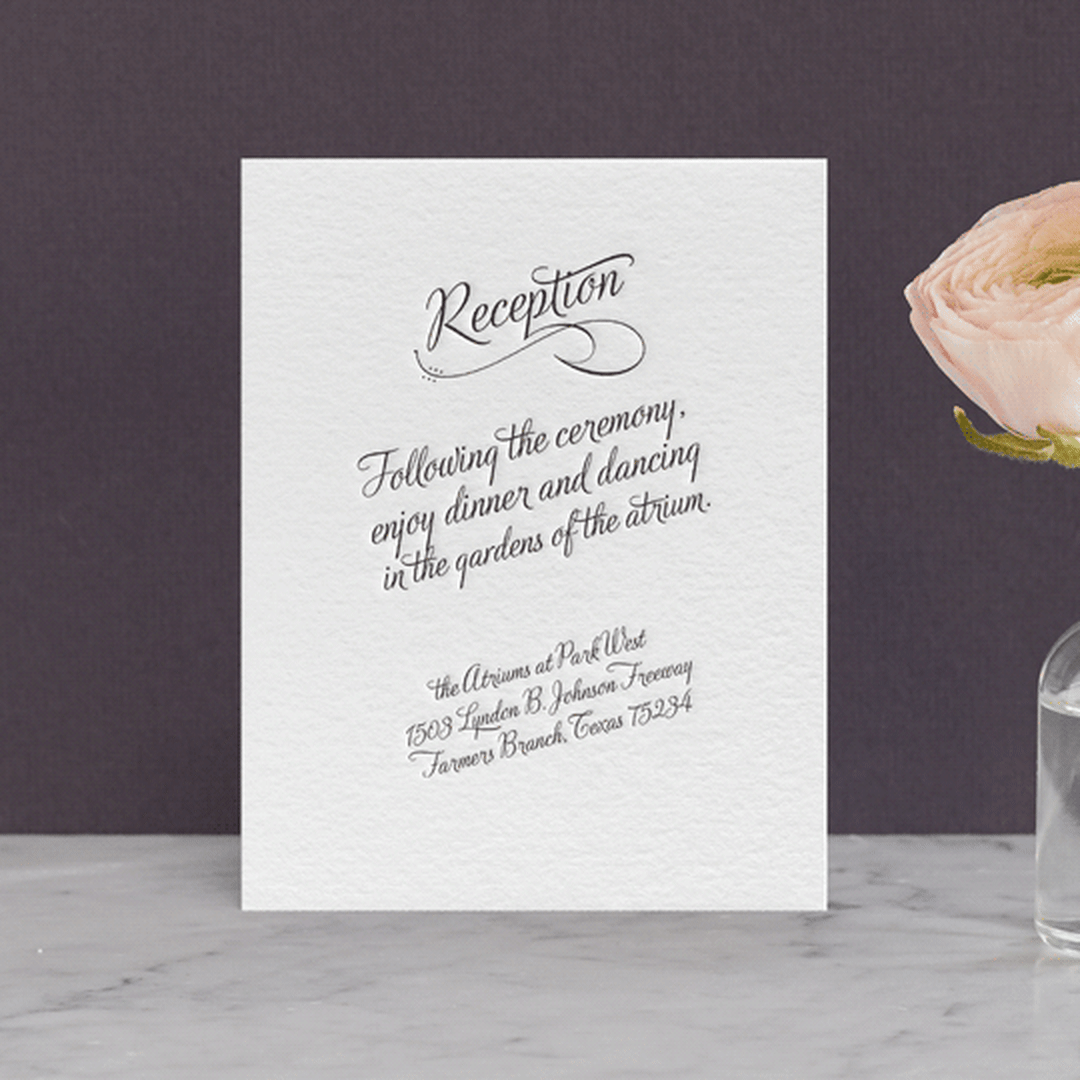 "Just My Type" - Letterpress Reception Cards in Soft Black by Ann Gardner - Front