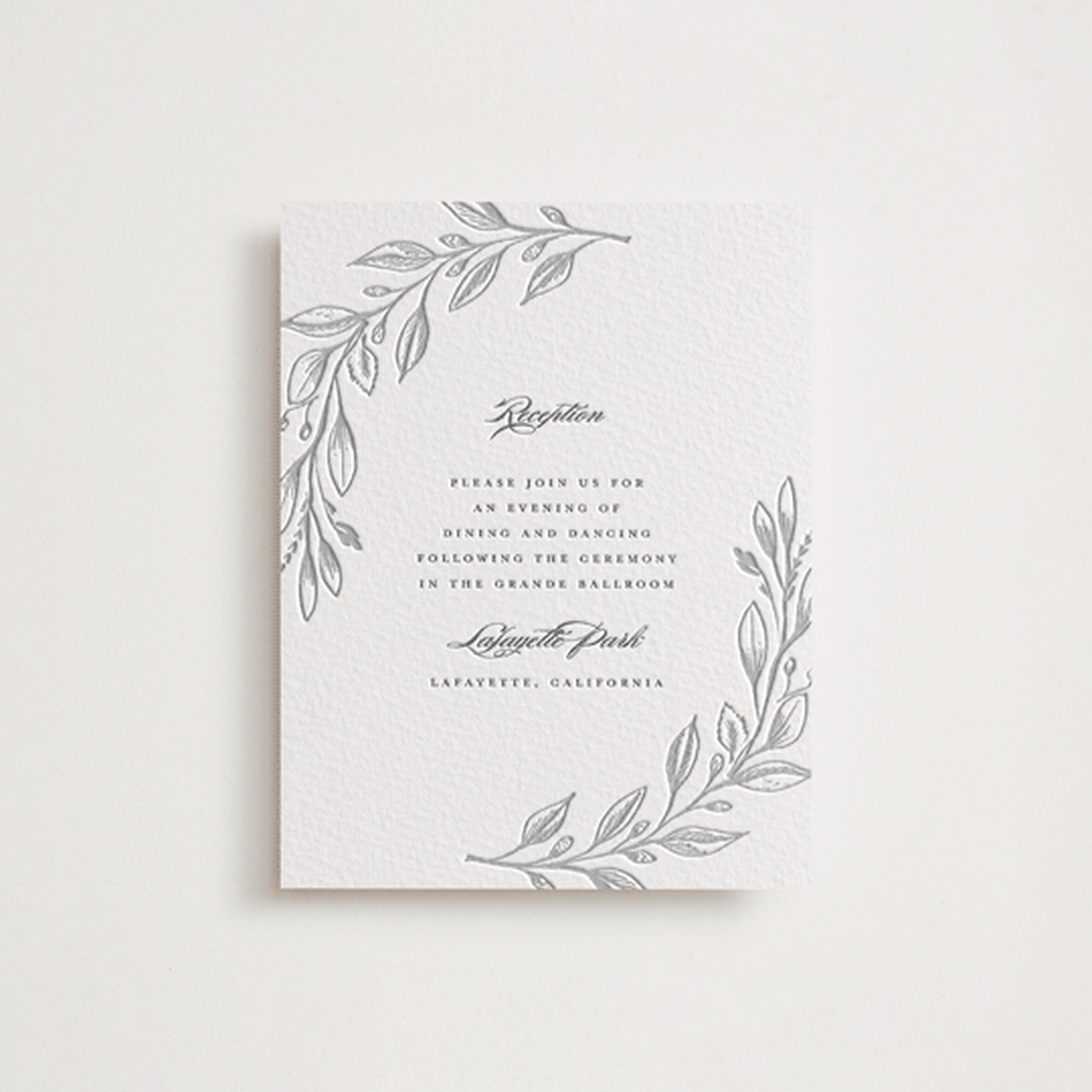 "Verdure Couronne" - Letterpress Reception Cards in Matte Silver | Pewter by Susan Moyal - Front