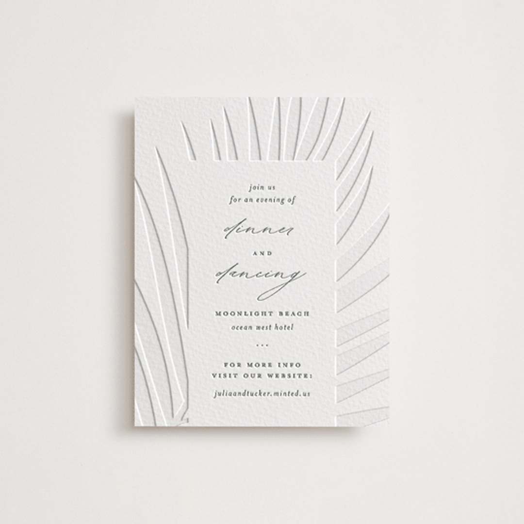 "Faded Palm" - Letterpress Reception Cards in Stone by Lauren Chism - Front