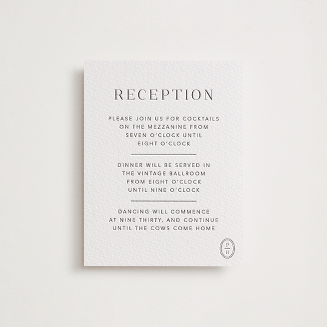 "Cosmopolitan" - Letterpress Reception Cards in Soft Black by Meagan Christensen - Front