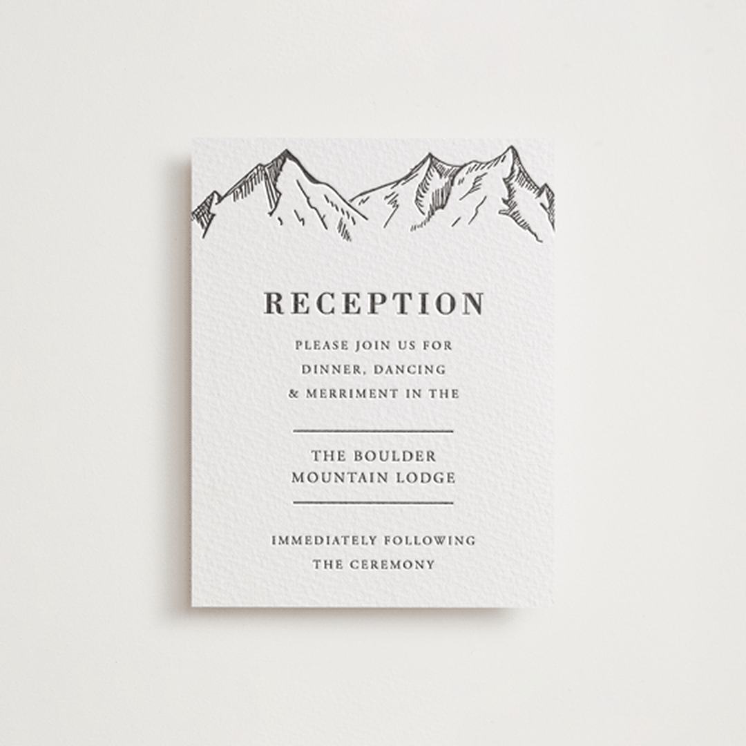 "Etched Mountain" - Letterpress Reception Cards in Soft Black by Winston Latchman - Front