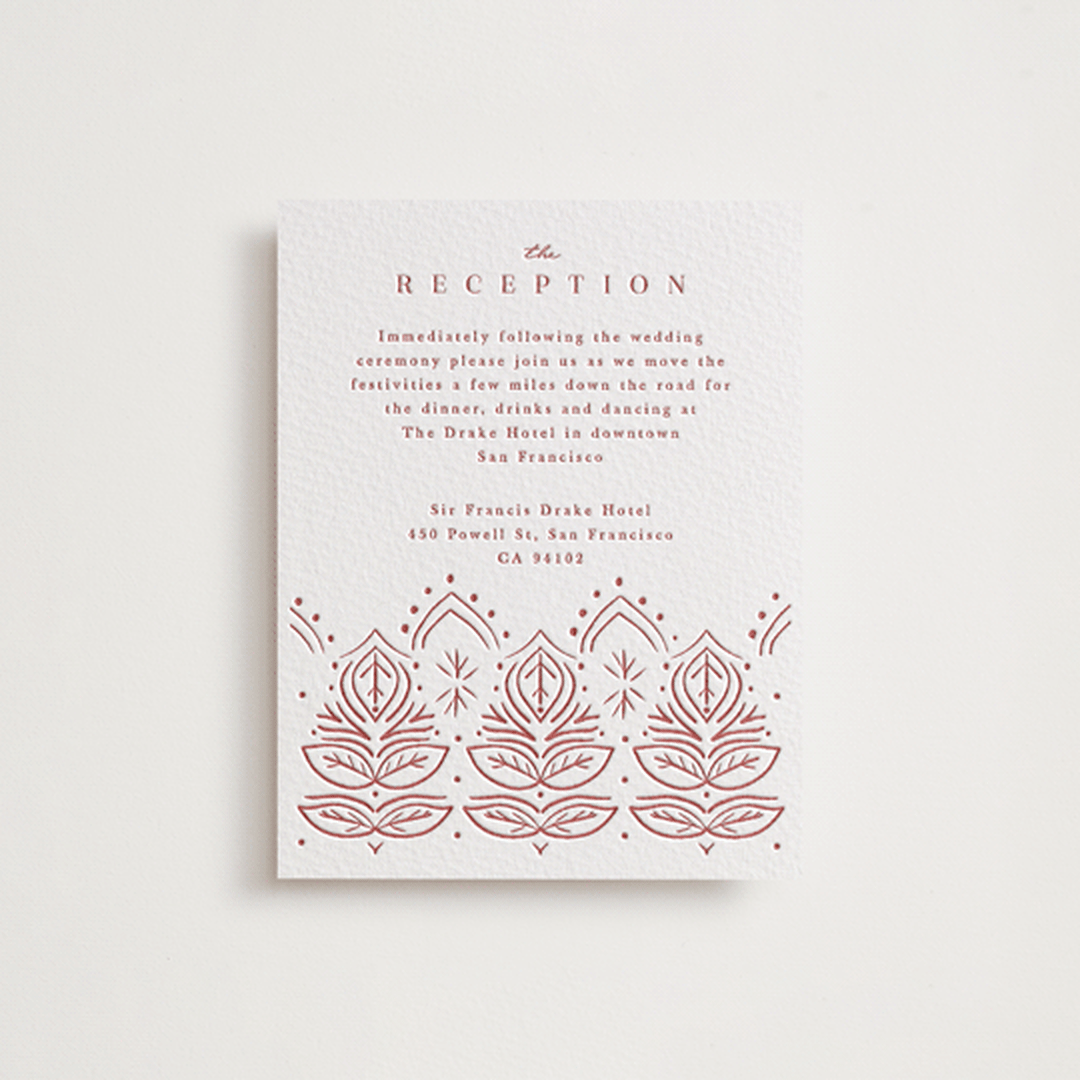 "Taj" - Letterpress Reception Cards in Rosewood by Kanika Mathur - Front