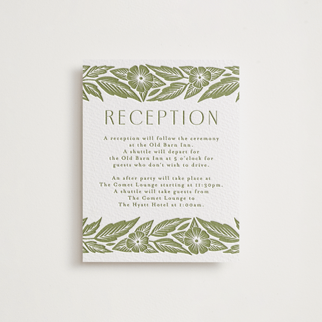 "Printed Floral" - Letterpress Reception Cards in Pistachio by Katharine Watson - Front