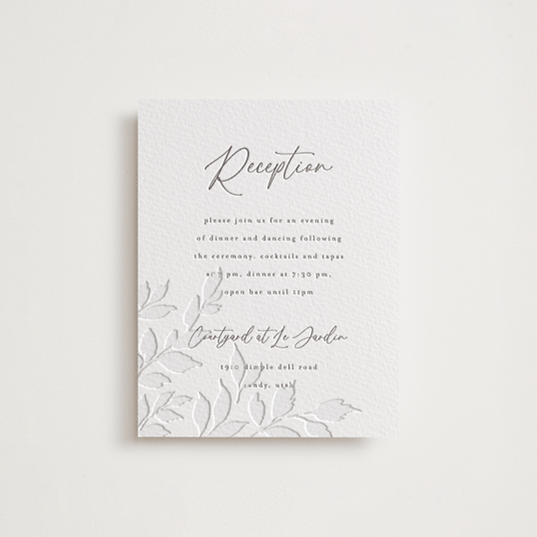 "Vine" - Letterpress Reception Cards in Warm Gray by Wildfield Paper Co - Front
