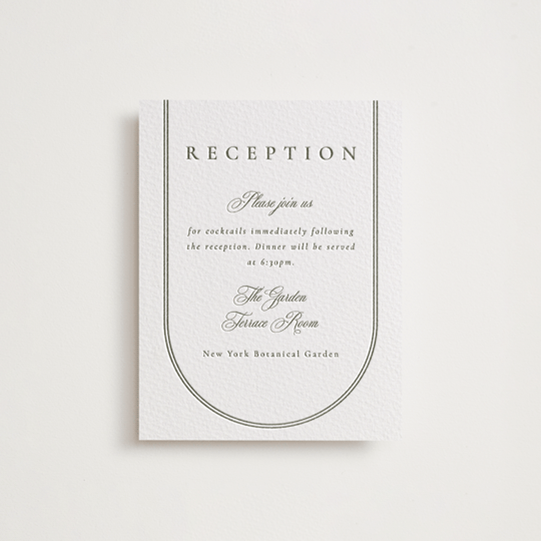 "Classic Arch" - Letterpress Reception Cards in Moss by Corinne Malesic - Front