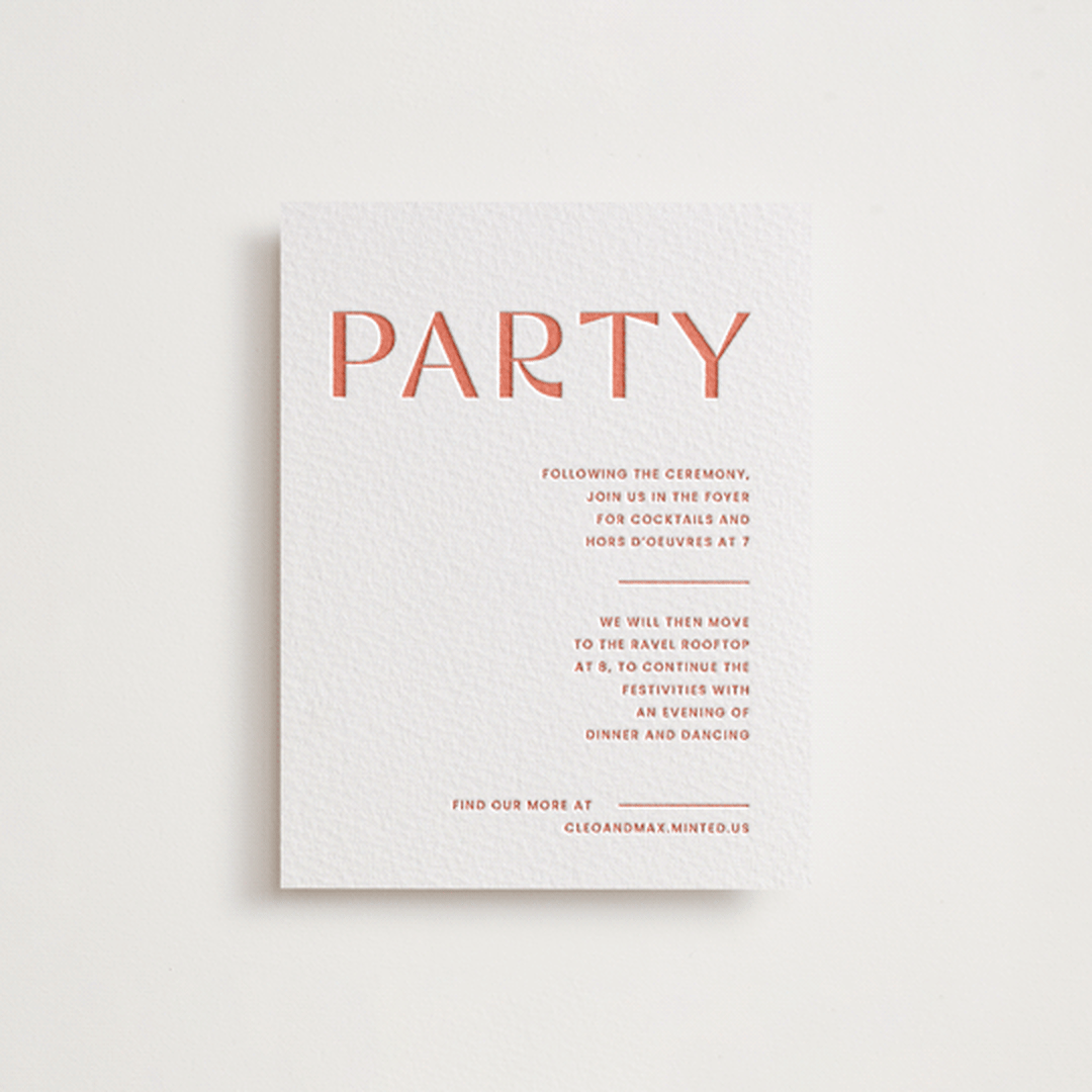 "Boldly" - Letterpress Reception Cards in Neon Orange by Blustery August - Front