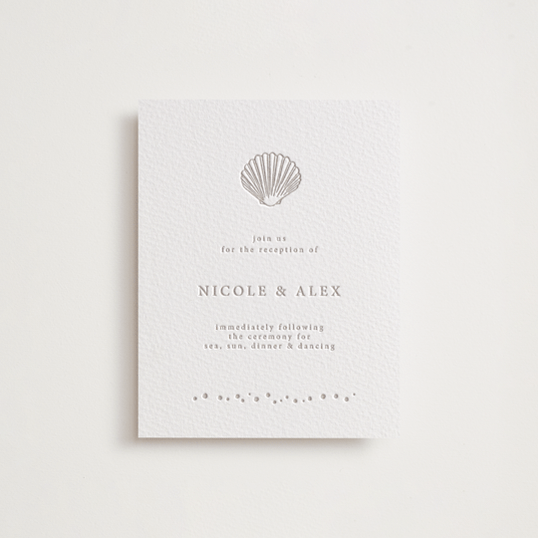 "Simple Seashell" - Letterpress Reception Cards in Dove Grey by Hannah Bowman - Front