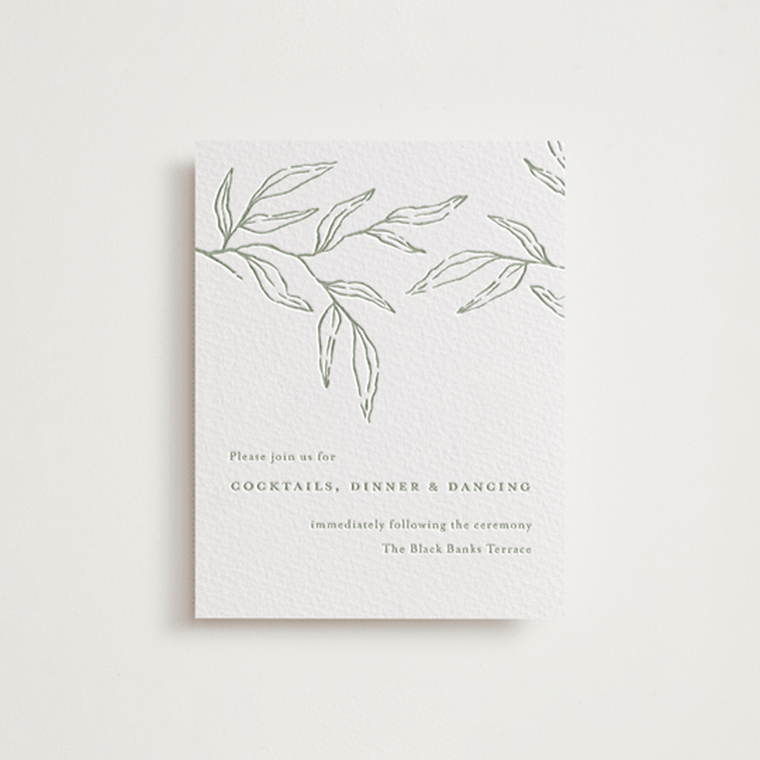 "Amidst Nature" - Letterpress Reception Cards in Mint by Oscar and Emma - Karly Depew - Front