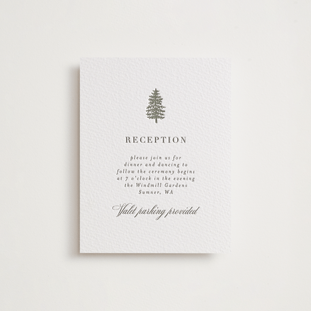 "Evergreens" - Letterpress Reception Cards in Olive by Itsy Belle Studio - Front