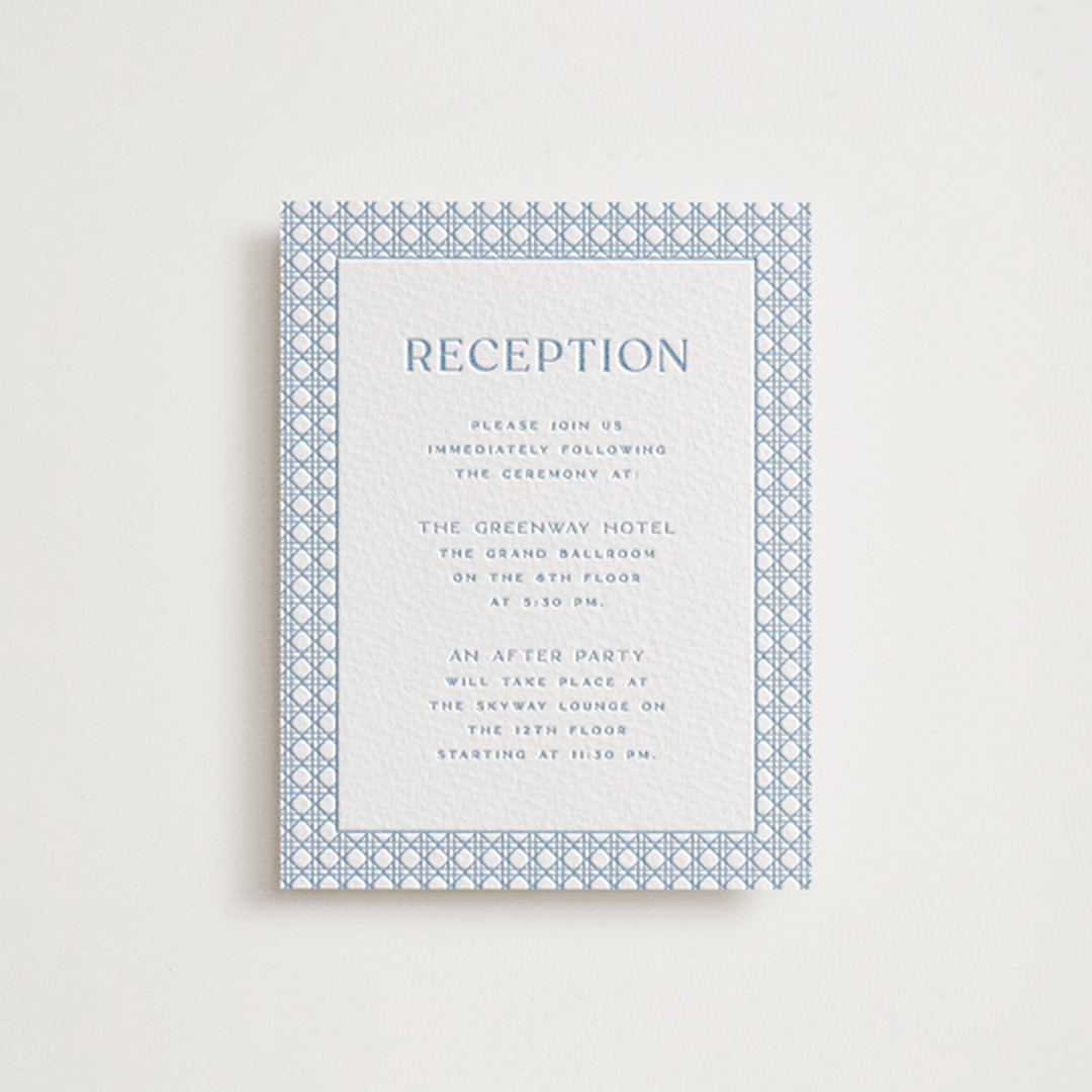 "delicate rattan" - Letterpress Reception Cards in Sky Blue by Ellen Schlegelmilch - Front
