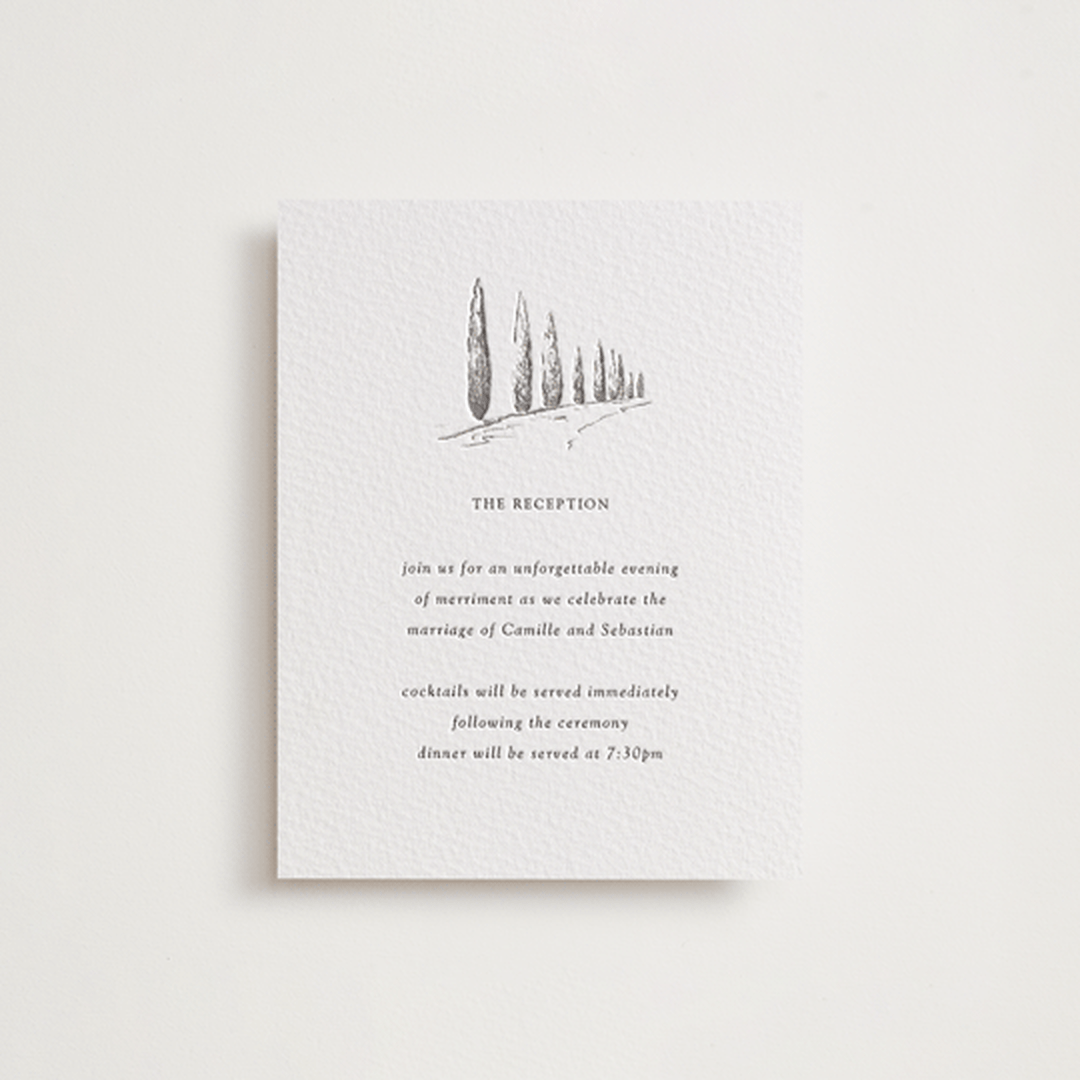 "Italian Countryside" - Letterpress Reception Cards in Warm Gray by Melinda Denison - Front