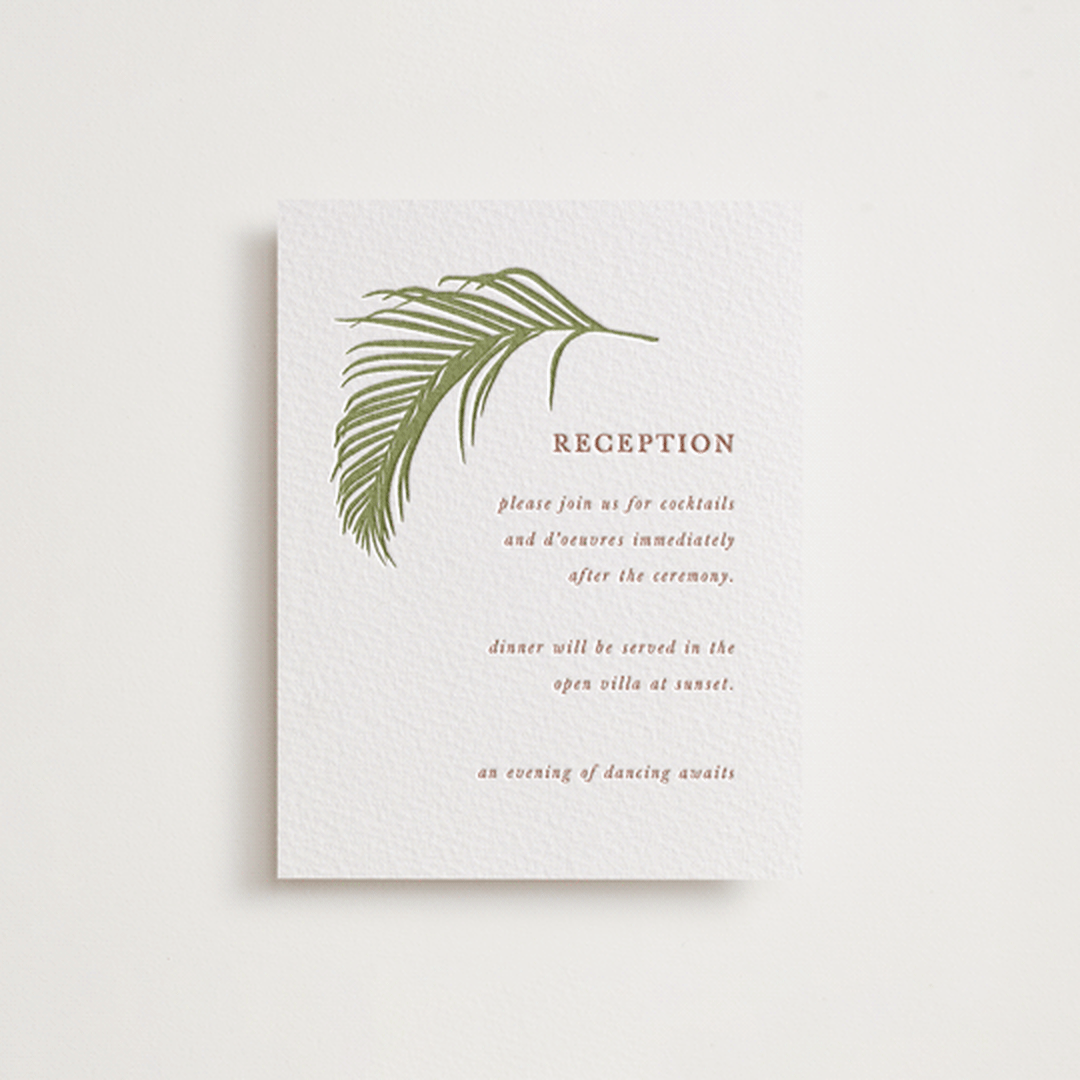 "Palm" - Letterpress Reception Cards in Pistachio by Melinda Denison - Front