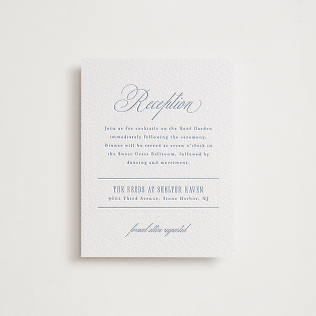 "Simple Formality" - Letterpress Reception Cards in Provincial Blue by Everett Paper Goods - Front