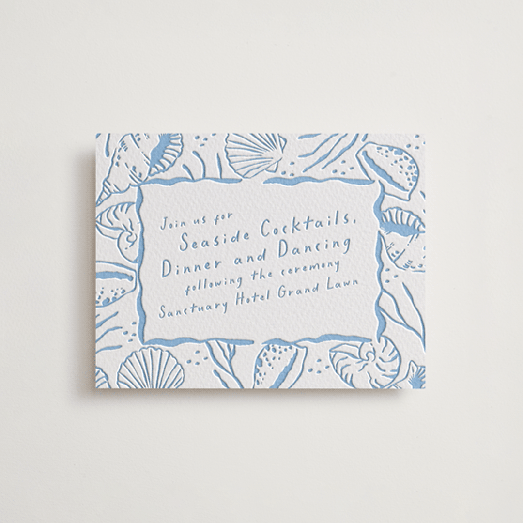 "Shoreline" - Letterpress Reception Cards in Sky Blue by Oscar and Emma - Karly Depew - Front
