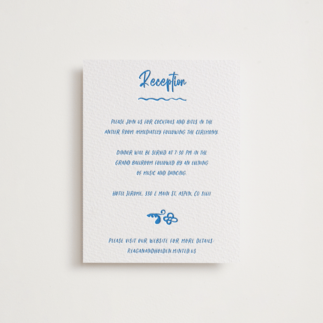 "Sketched Crest" - Letterpress Reception Cards in Sapphire by Jenna Holcomb - Front