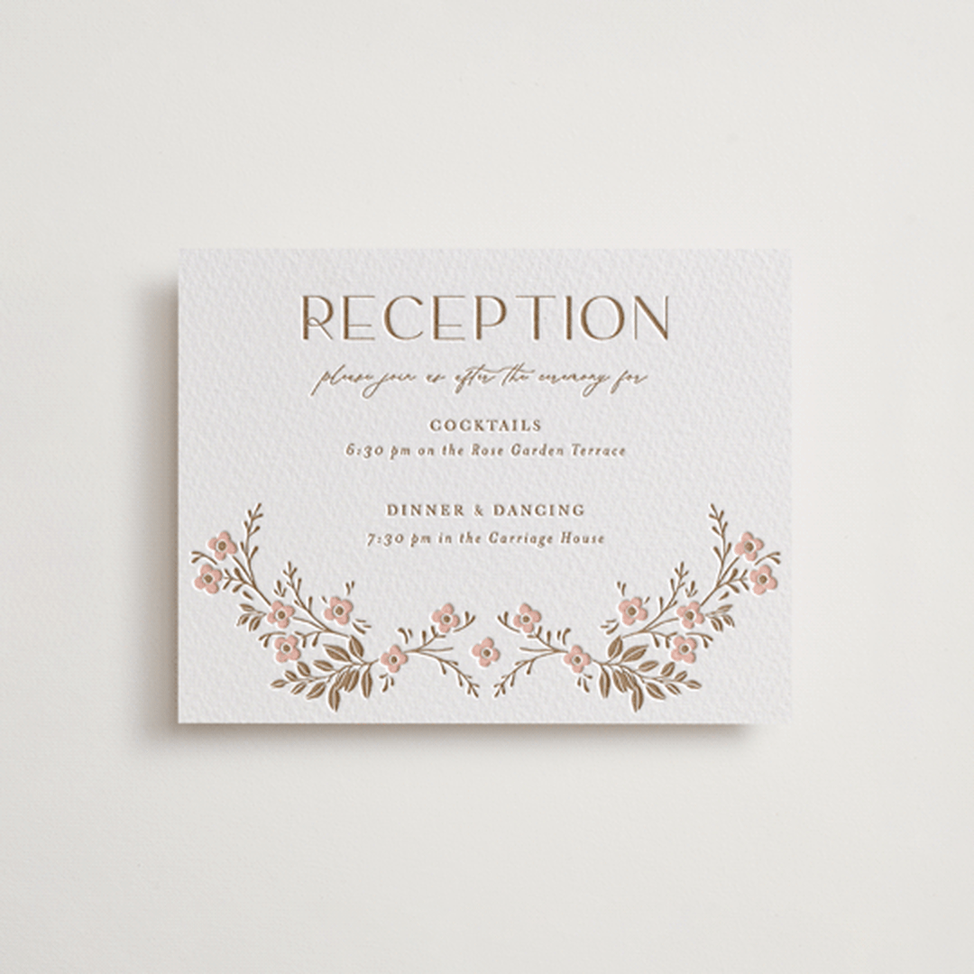 "Wildflower Garland" - Letterpress Reception Cards in Matte Gold by Susan Zinader - Front