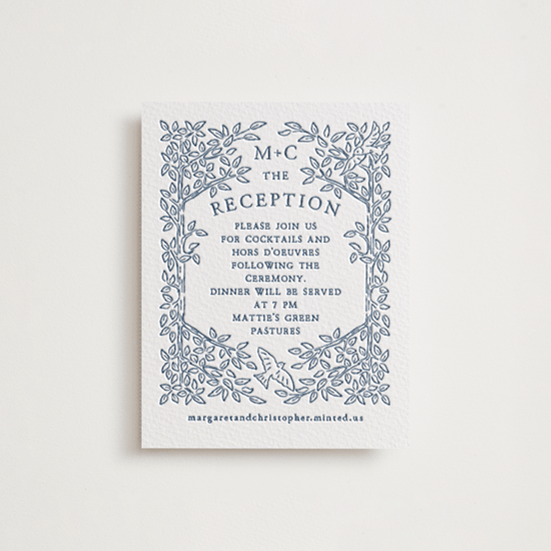 "Whimsical Woodland" - Letterpress Reception Cards in Indigo by Paper Sun Studio - Front