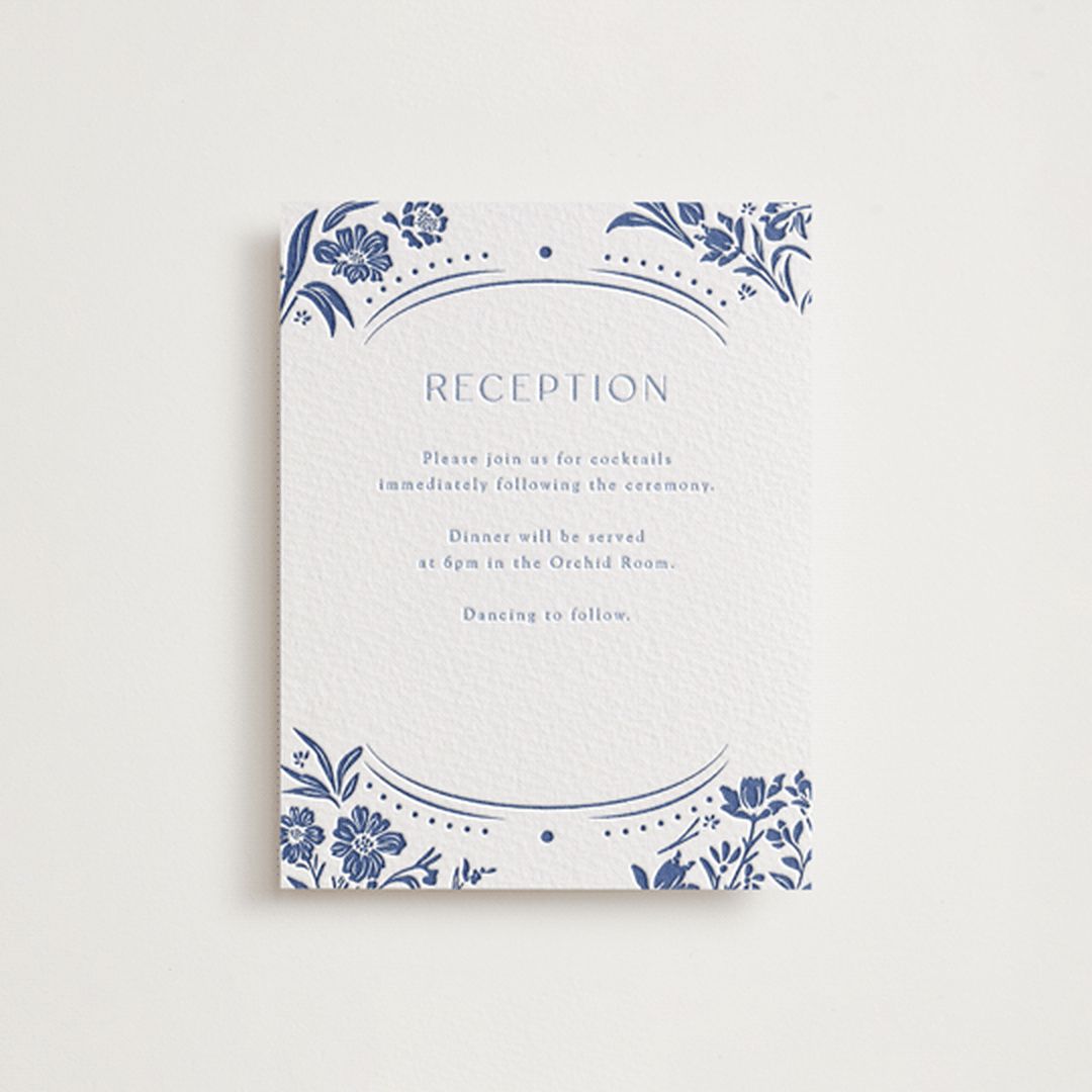 "Porcelain Garden" - Letterpress Reception Cards in Lapis by Corinne Malesic - Front