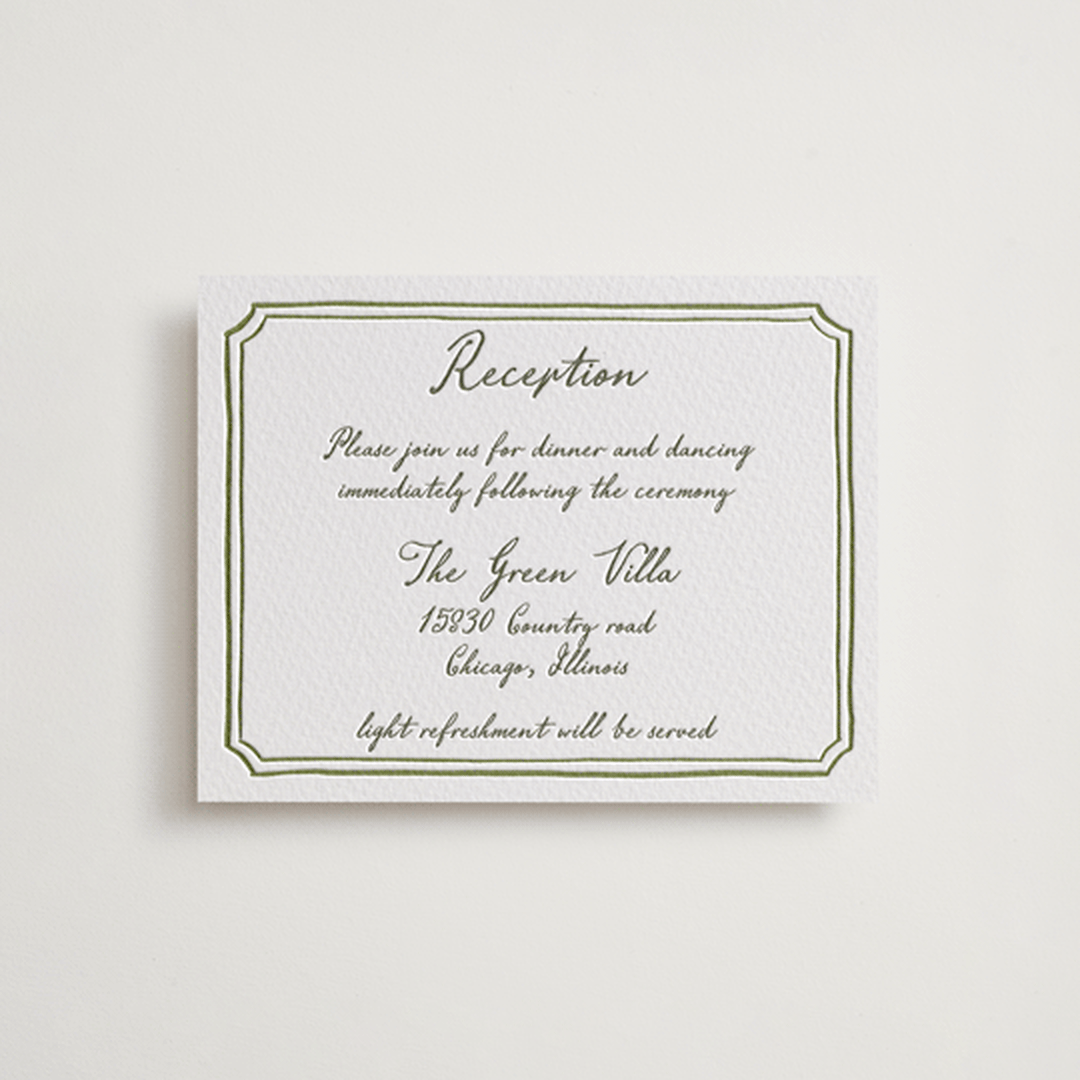 "Handwritten" - Letterpress Reception Cards in Moss by Cass Loh - Front