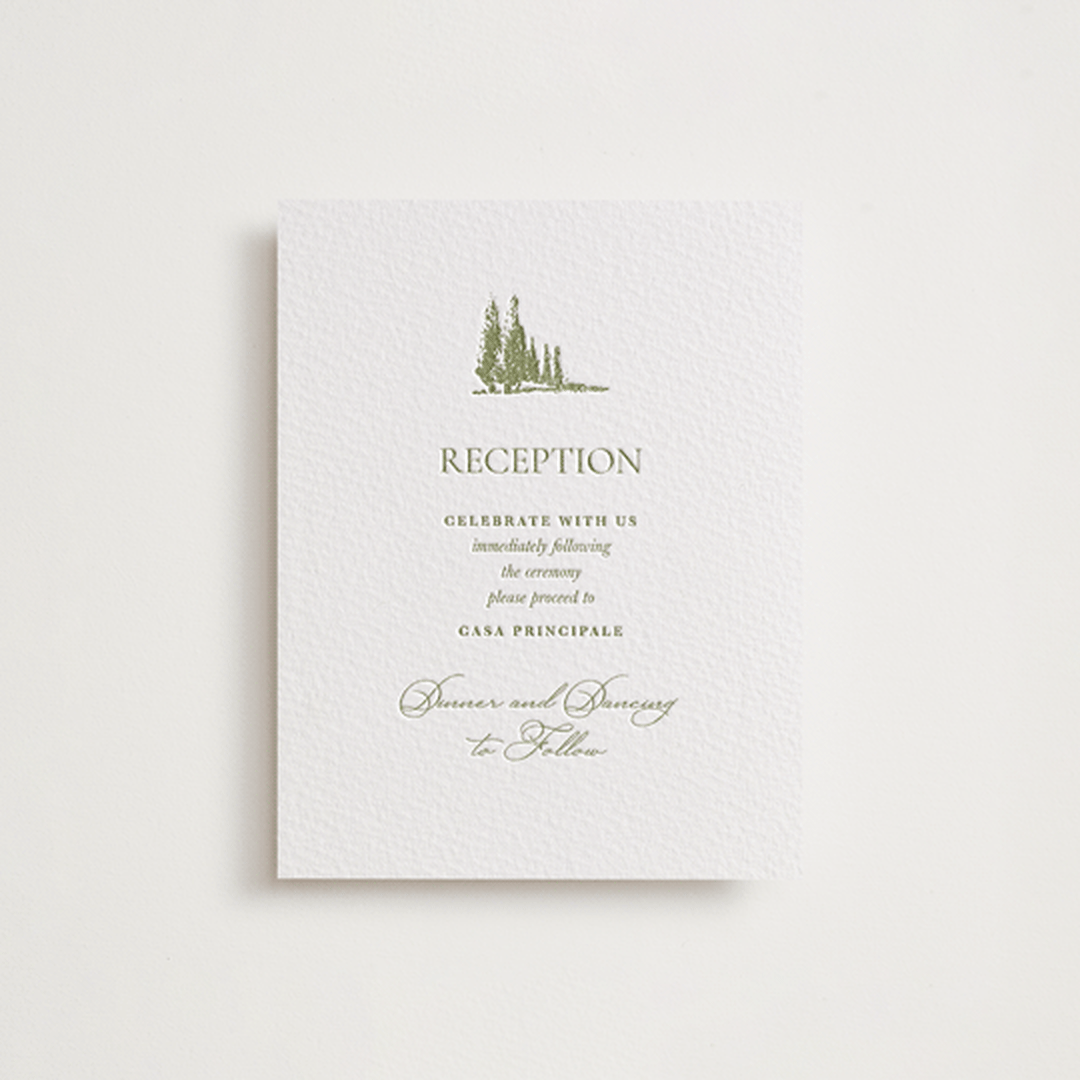 "Vineyard Elegance" - Letterpress Reception Cards in Pistachio by Lucrecia Caporale - Front