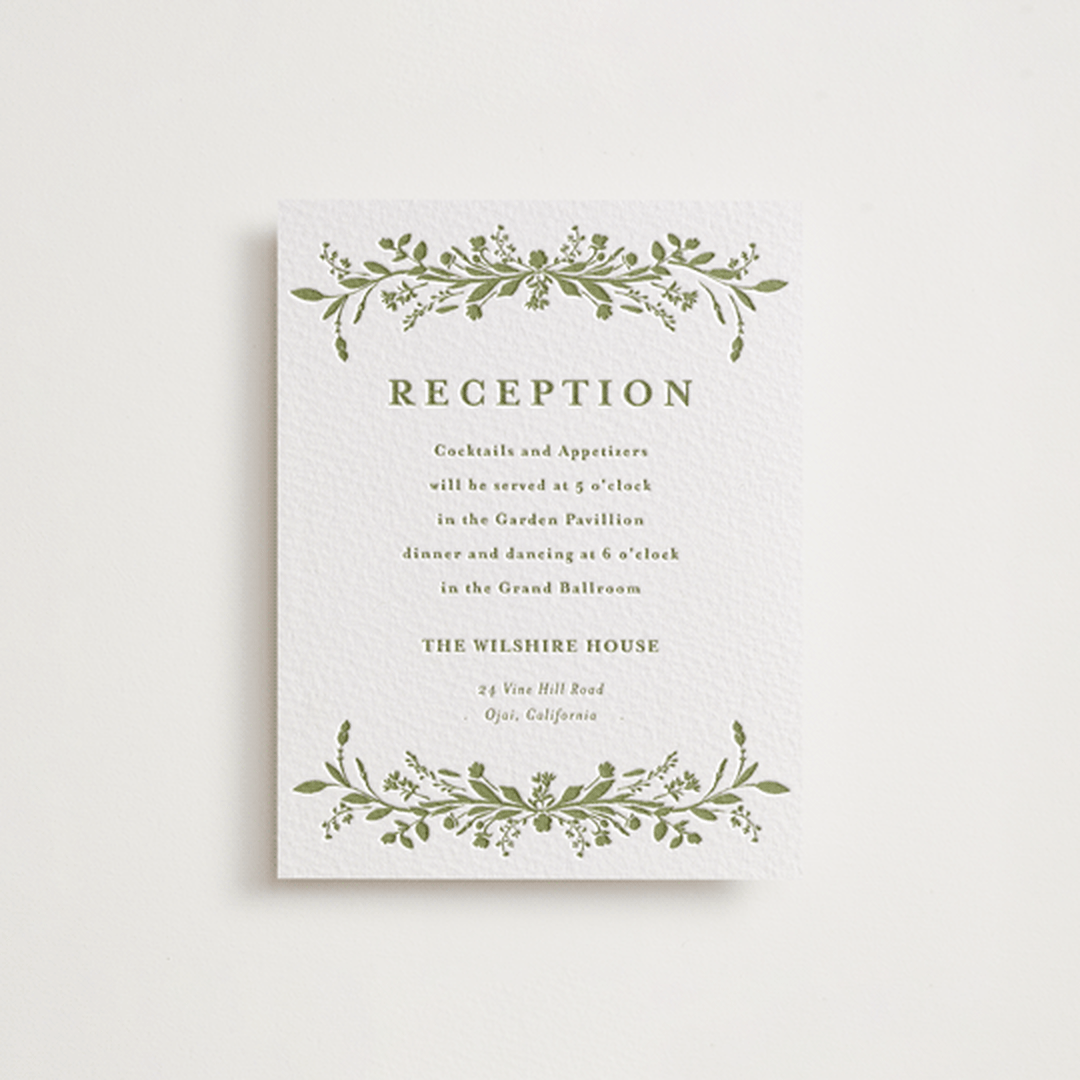 "Greenery Vine" - Letterpress Reception Cards in Pistachio by Susan Moyal - Front