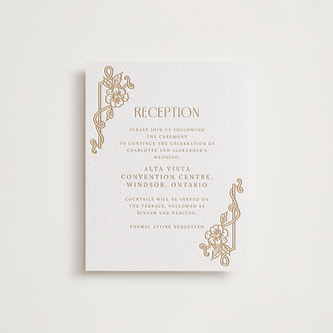 "Nouveau Peony" - Letterpress Reception Cards in Faux Gold by Selima Akhter - Front