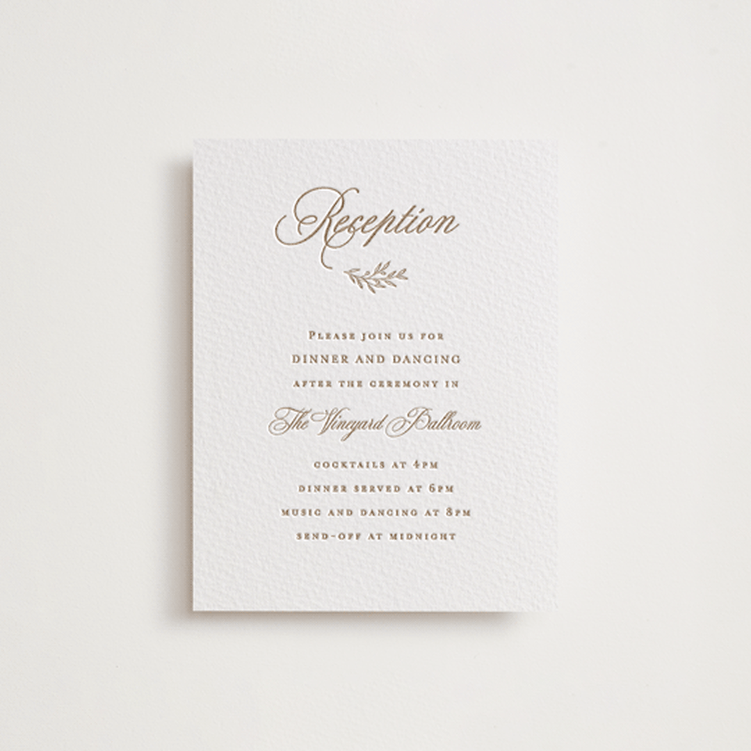 "Vineyard Script" - Letterpress Reception Cards in Matte Gold by Hooray Creative - Front