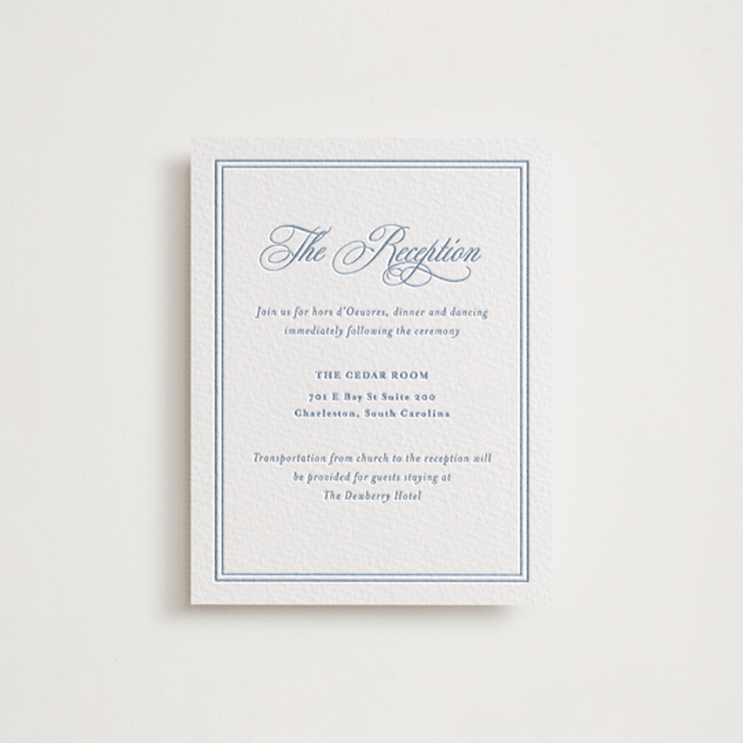 "The Chapel" - Letterpress Reception Cards in Provincial Blue by Melinda Denison - Front