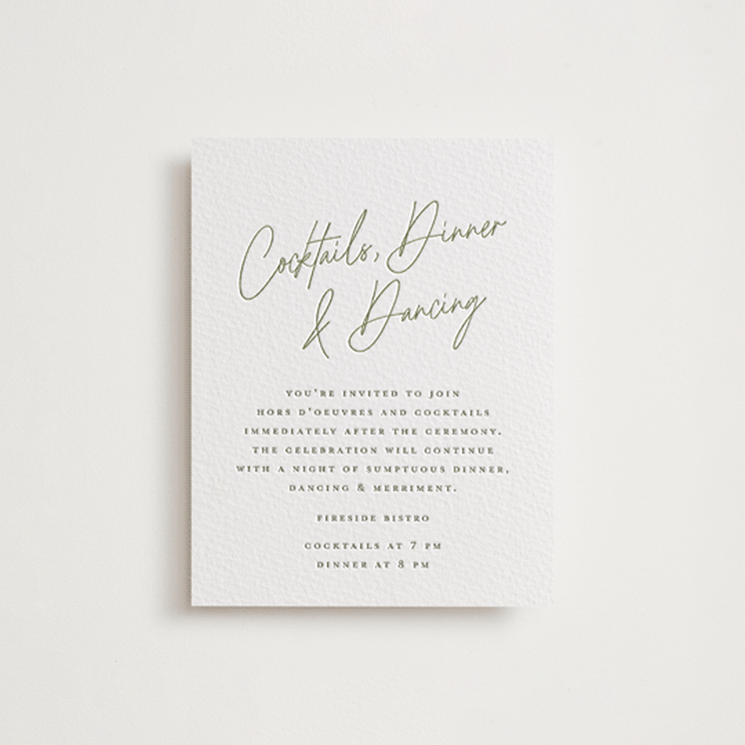 "angeline" - Letterpress Reception Cards in Moss by chocomocacino - Front
