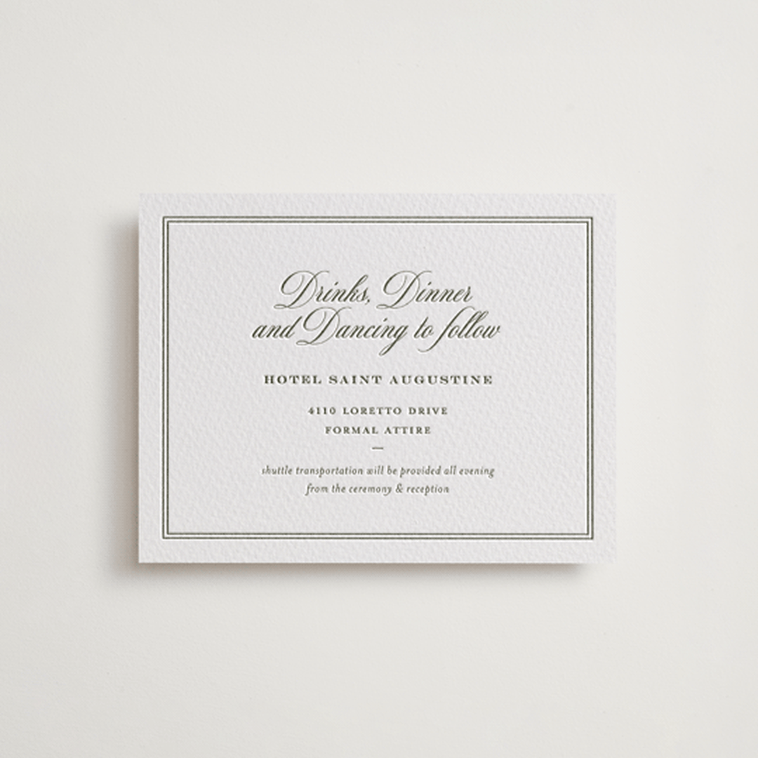 "Putnam" - Letterpress Reception Cards in Moss by Megan Davis - Front