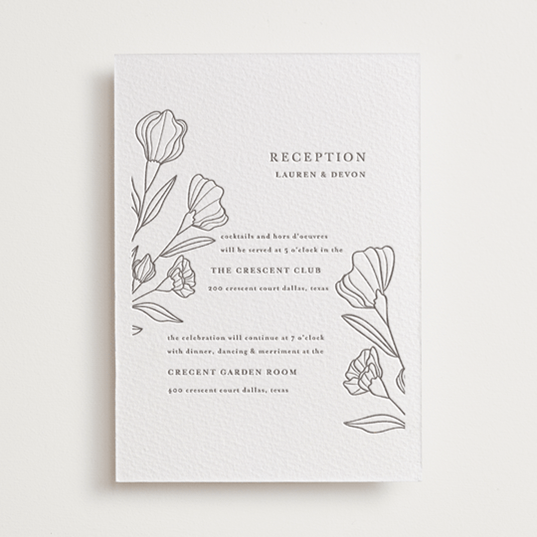 "Bouvardia" - Letterpress Reception Cards in Graphite by Deynaaz Daraei - Front