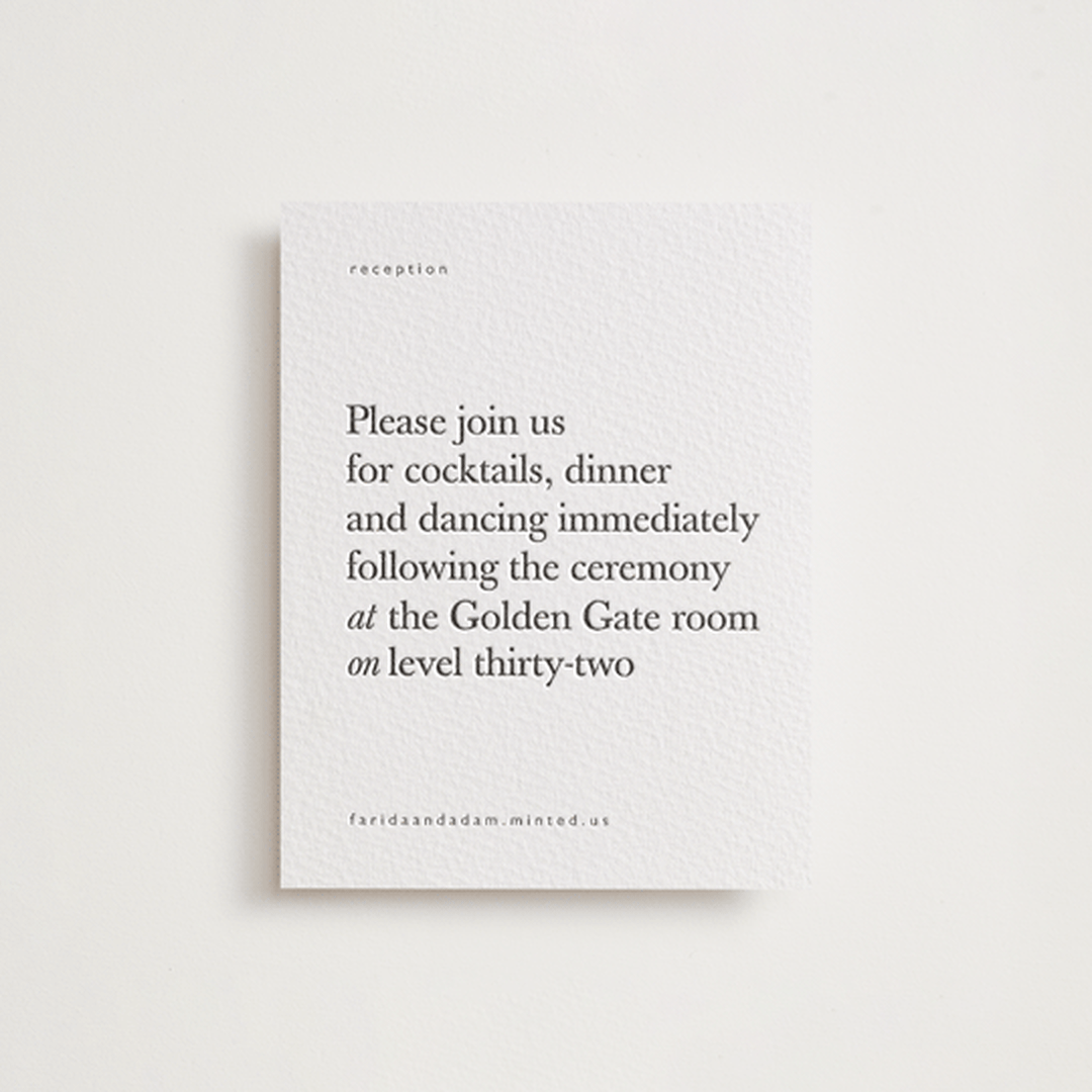 "Westin" - Letterpress Reception Cards in Soft Black by Hudson meet Rose - Front