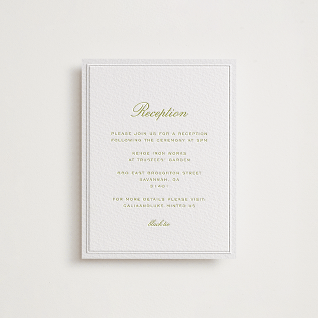 "Calia " - Letterpress Reception Cards in Avocado by Ani Somi - Front