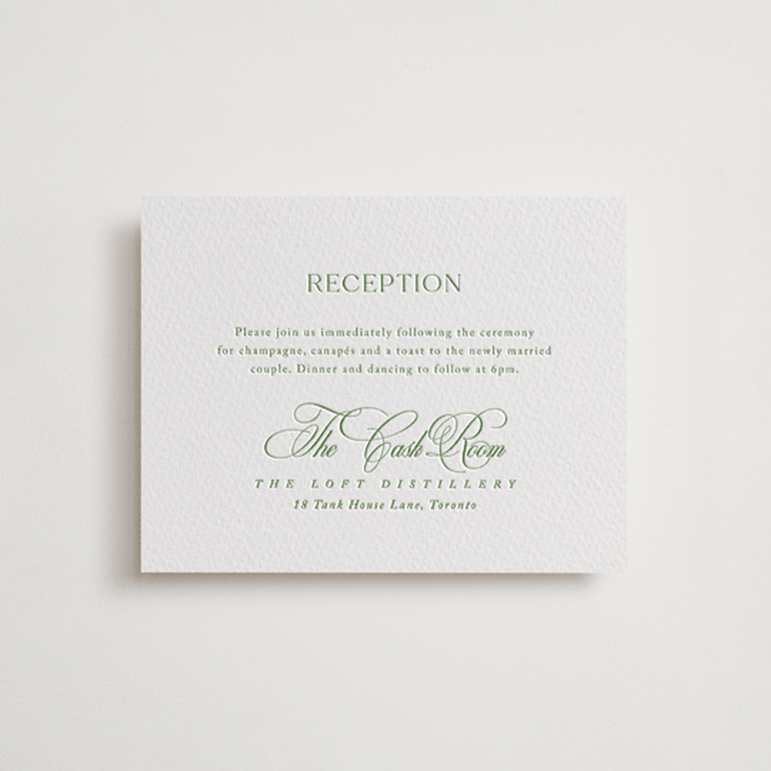 "Chic Script" - Letterpress Reception Cards in Cucumber by Kelly Schmidt - Front
