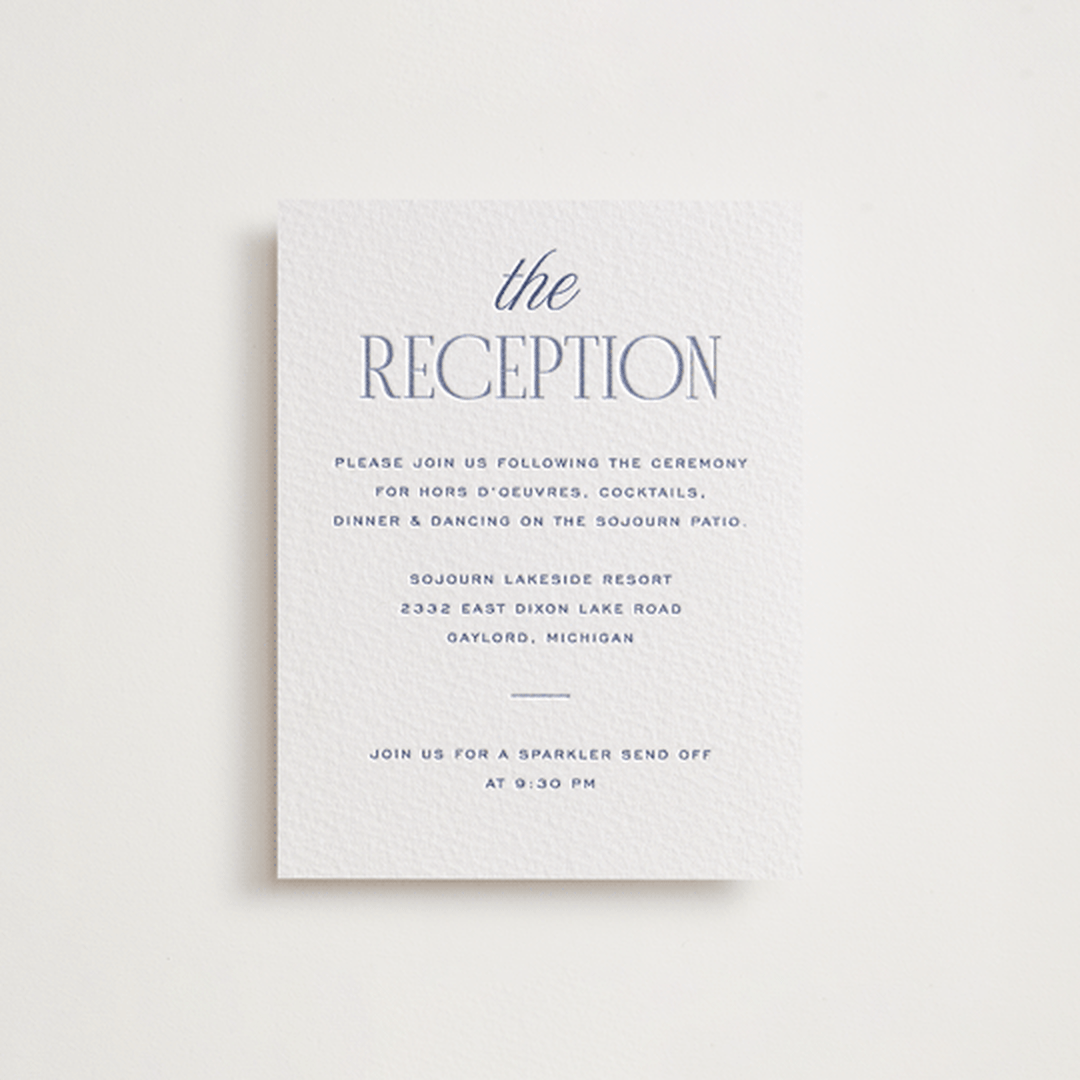 "Threaded" - Letterpress Reception Cards in Periwinkle by Pixel and Hank - Front