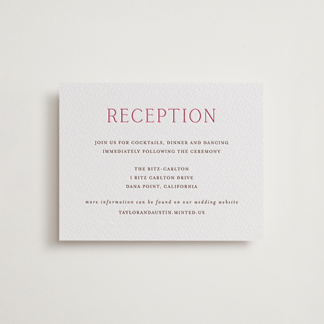 "In Love" - Letterpress Reception Cards in Azalea Pink by Vanessa Doyle - Front